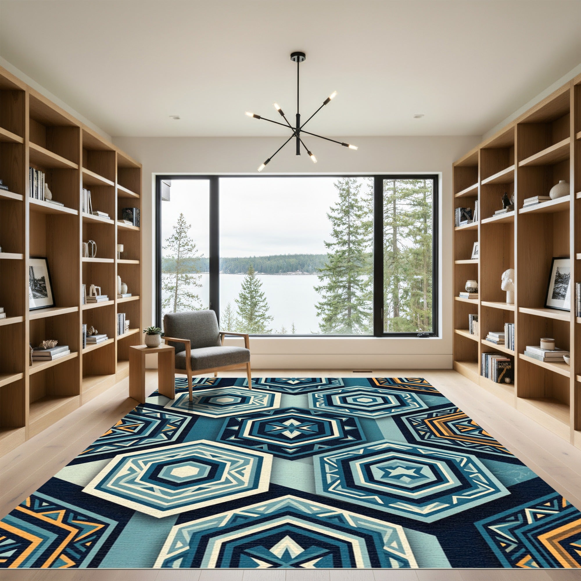 Geometric Teal Amber Hexagonal Arrangement Rug