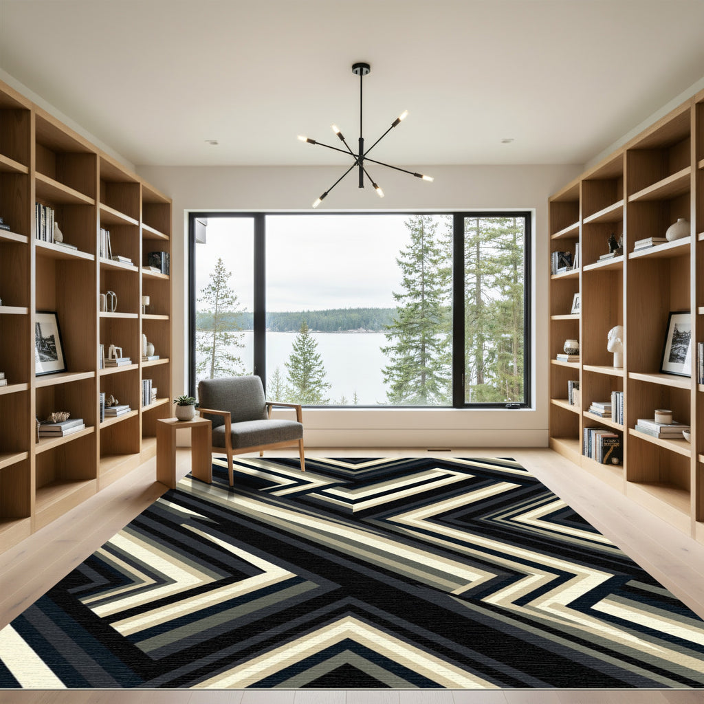 Geometric Monochrome Striped Chevron Rug