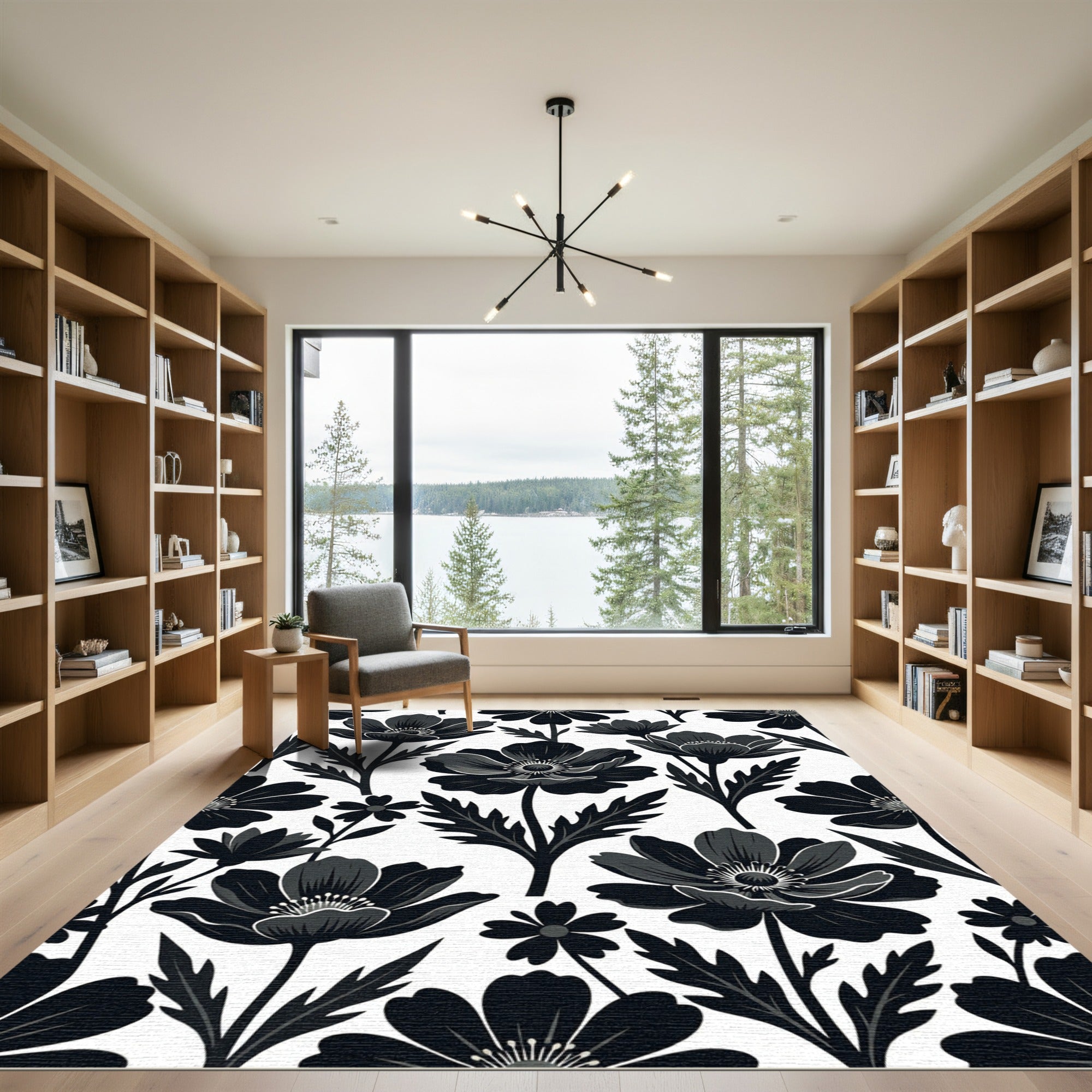 Sophisticated Monochrome Black Floral Botanical Rug