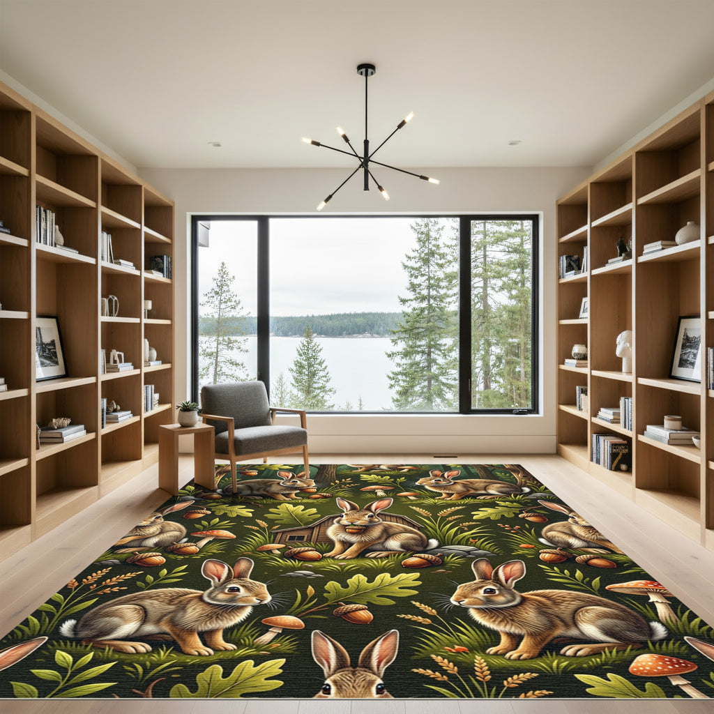Woodland Animal Forest Rabbits Acorns Mushrooms Rug