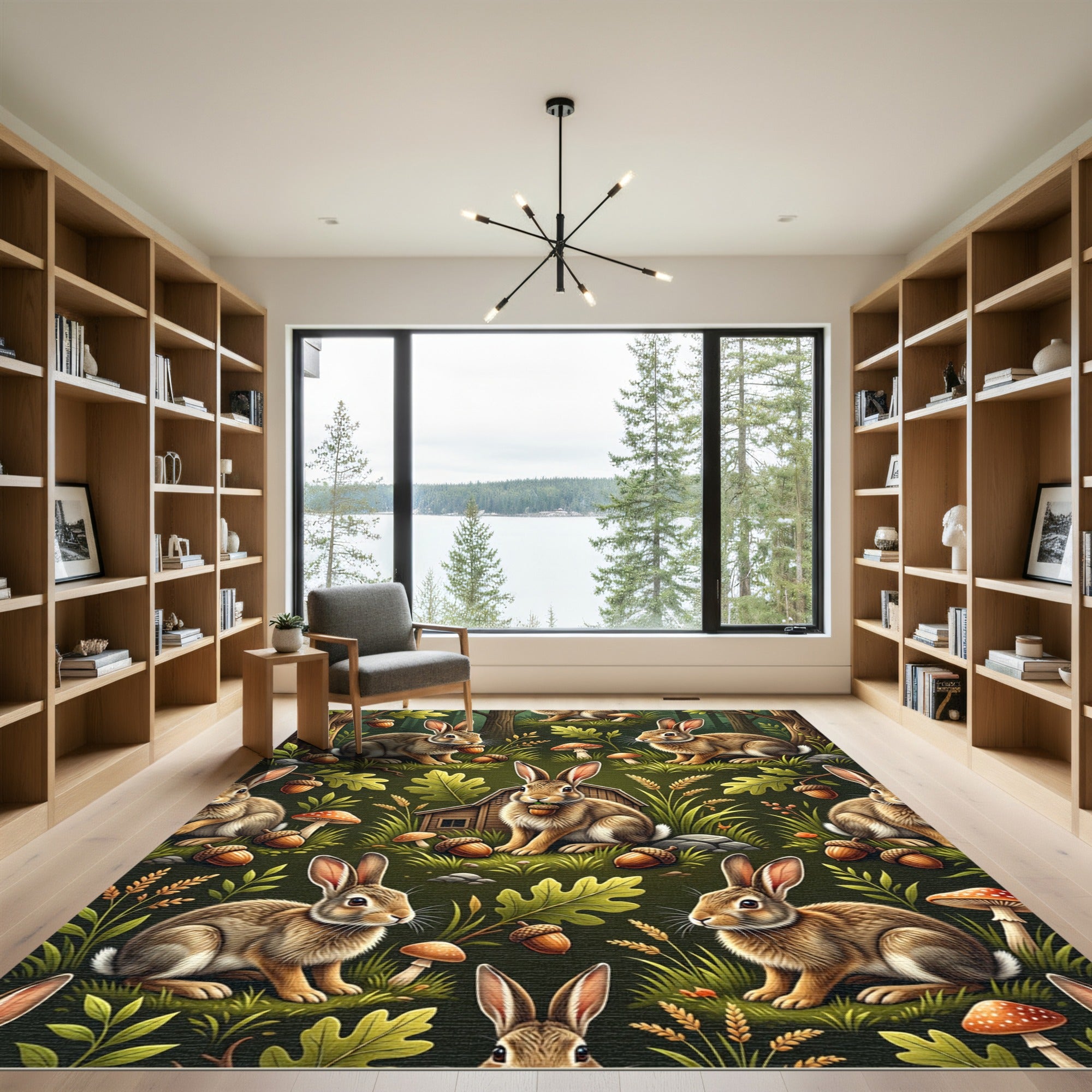 Woodland Animal Forest Rabbits Acorns Mushrooms Rug