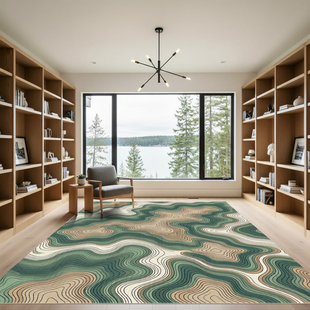 Earthy Green Topographic Contour Map Rug