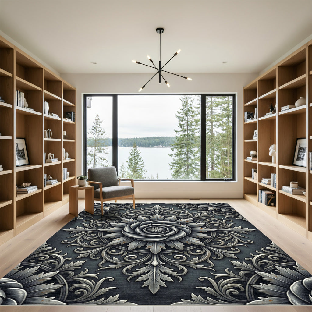 Metallic Silver Victorian Floral Engraving Rug
