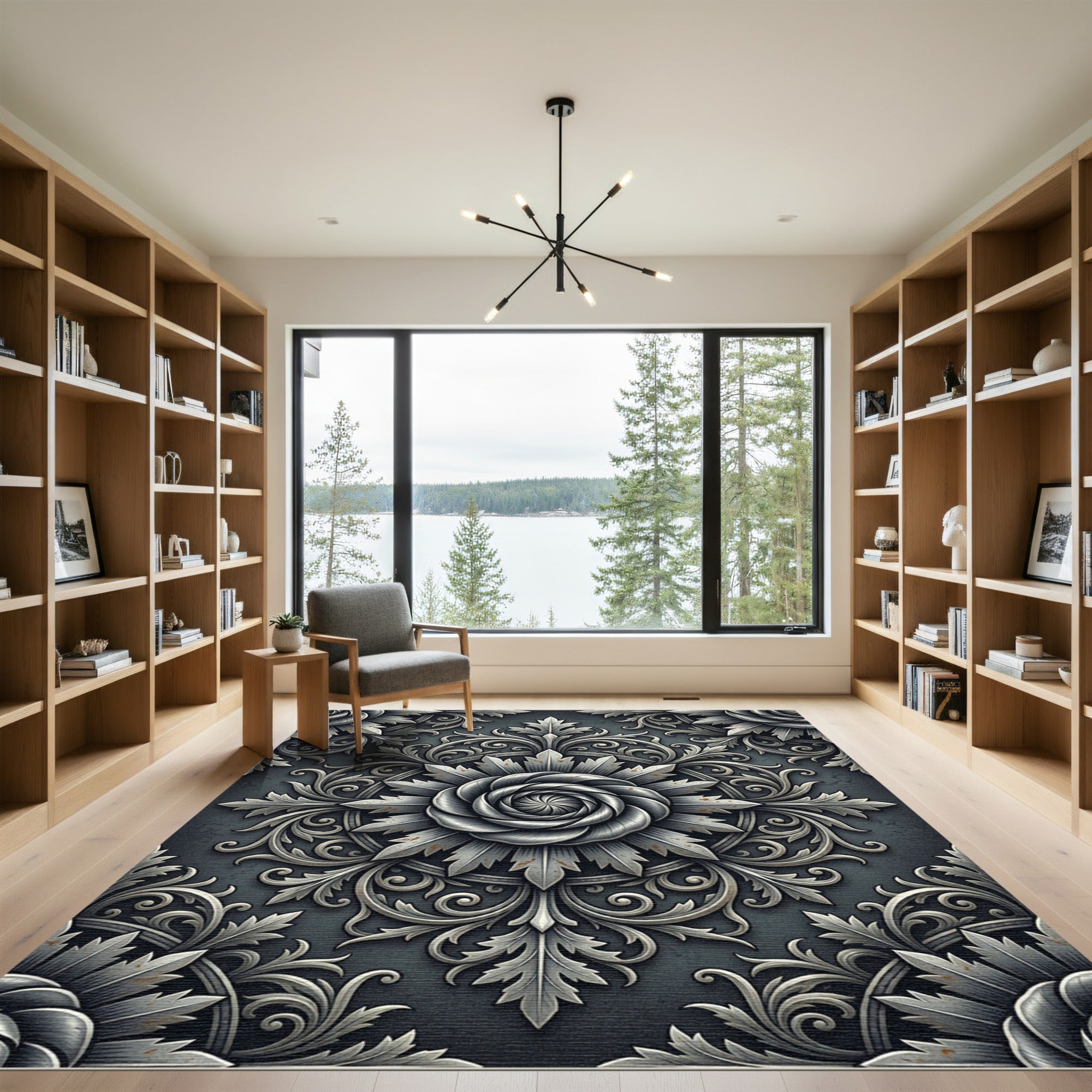 Metallic Silver Victorian Floral Engraving Rug
