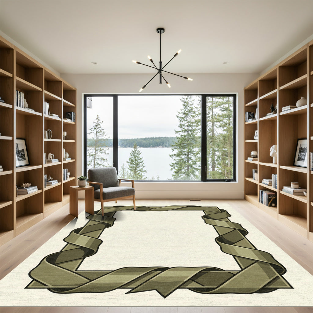 Olive Ribbon Swirl Rectangular Frame Rug
