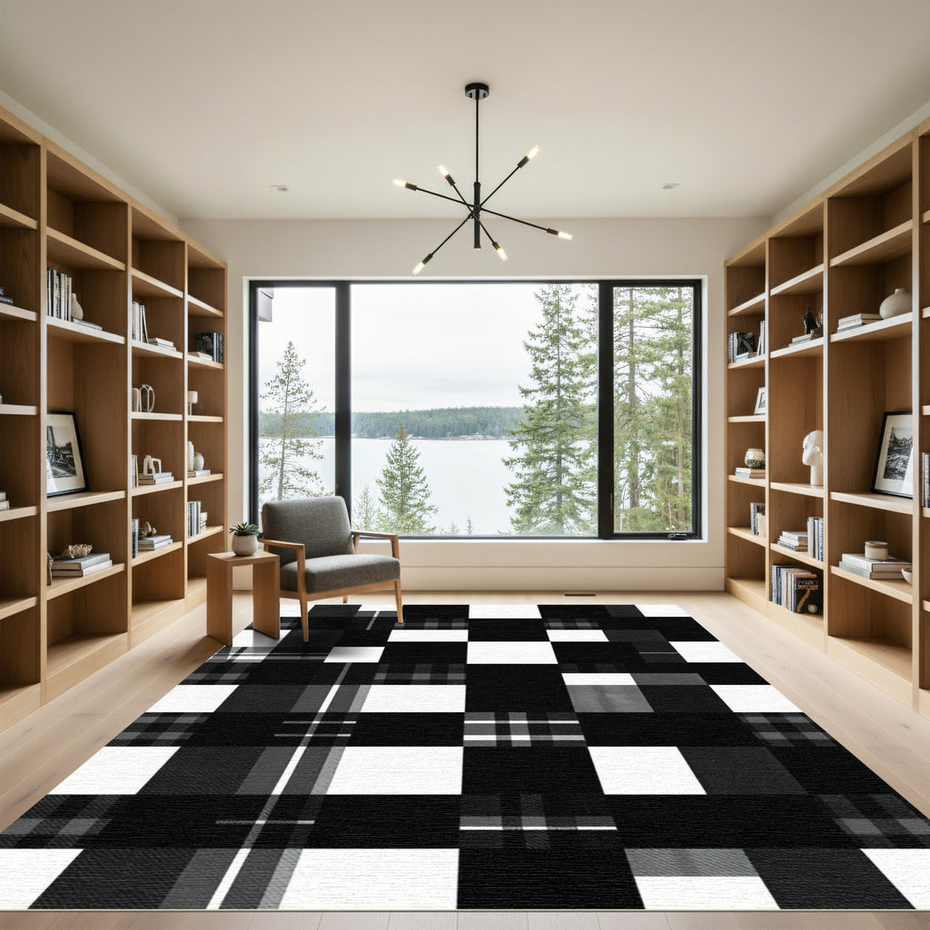 Bold Black and White Plaid Grid Rug