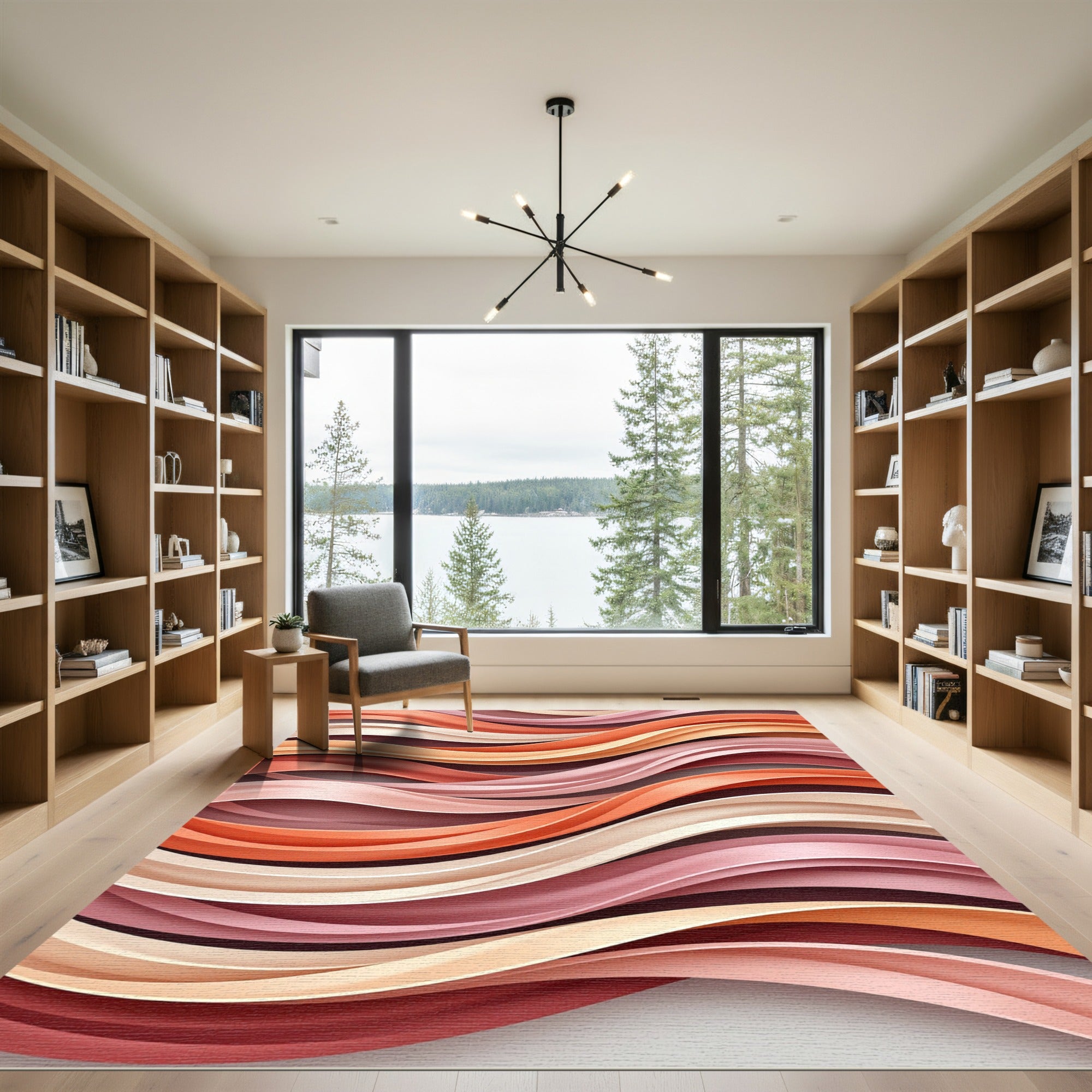 Coral Pink Swirling Ribbon Waves Rug