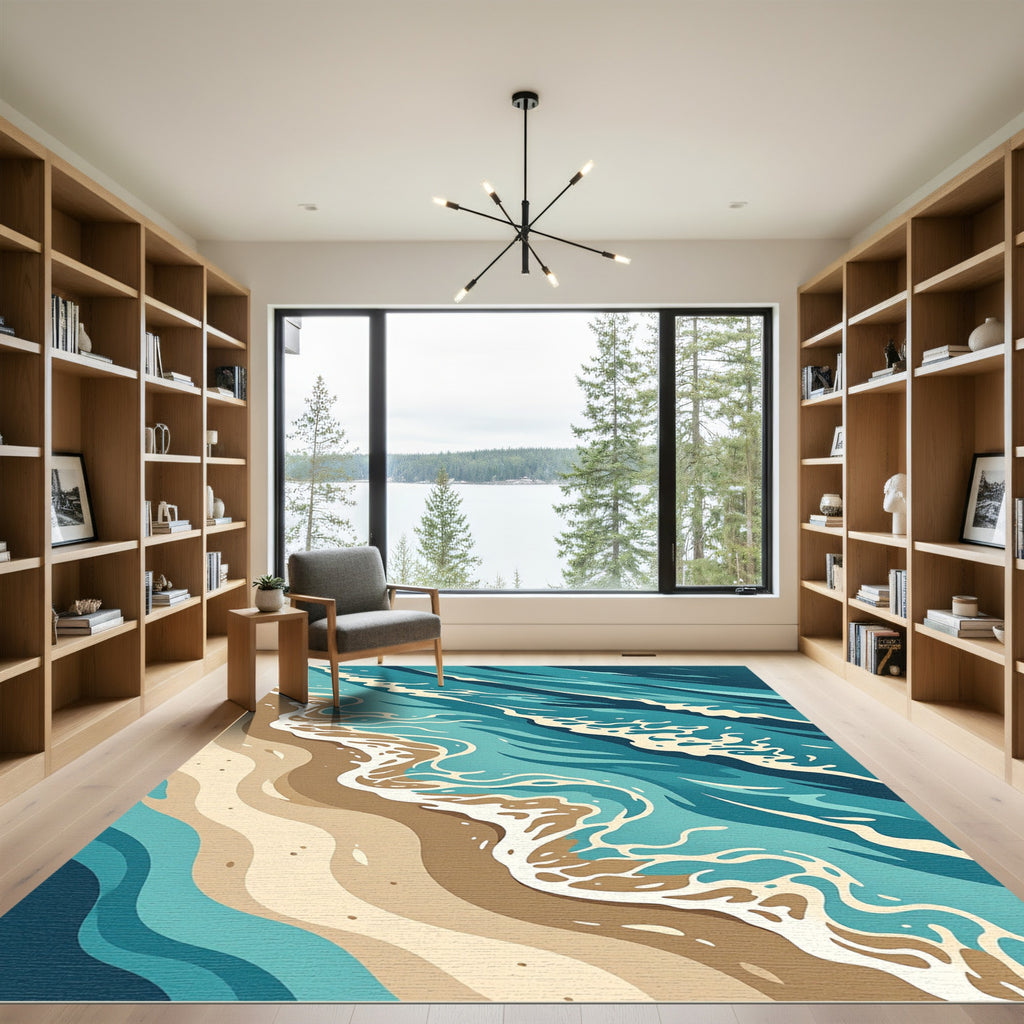 Abstract Teal Ocean Wave Sandy Shore Rug