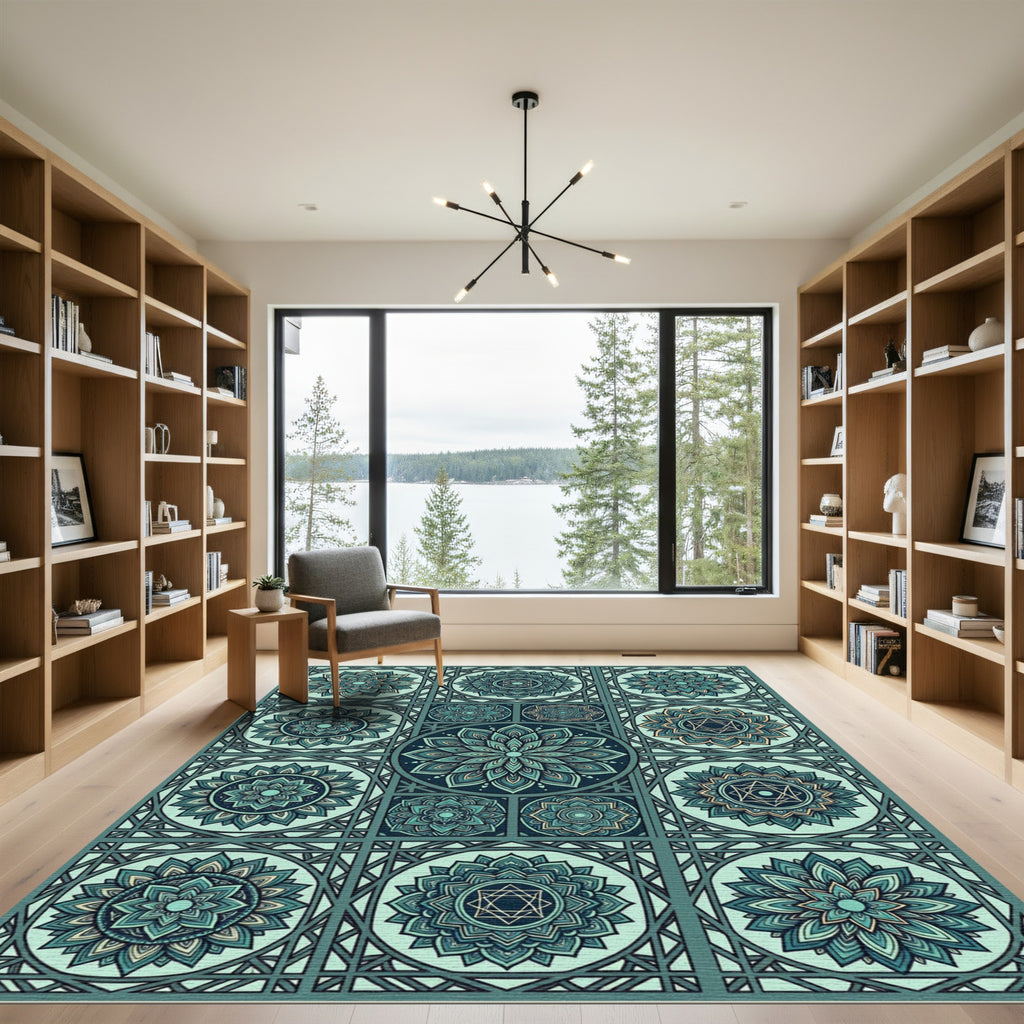 Teal Circular Mandala Geometric Tiled Grid Rug
