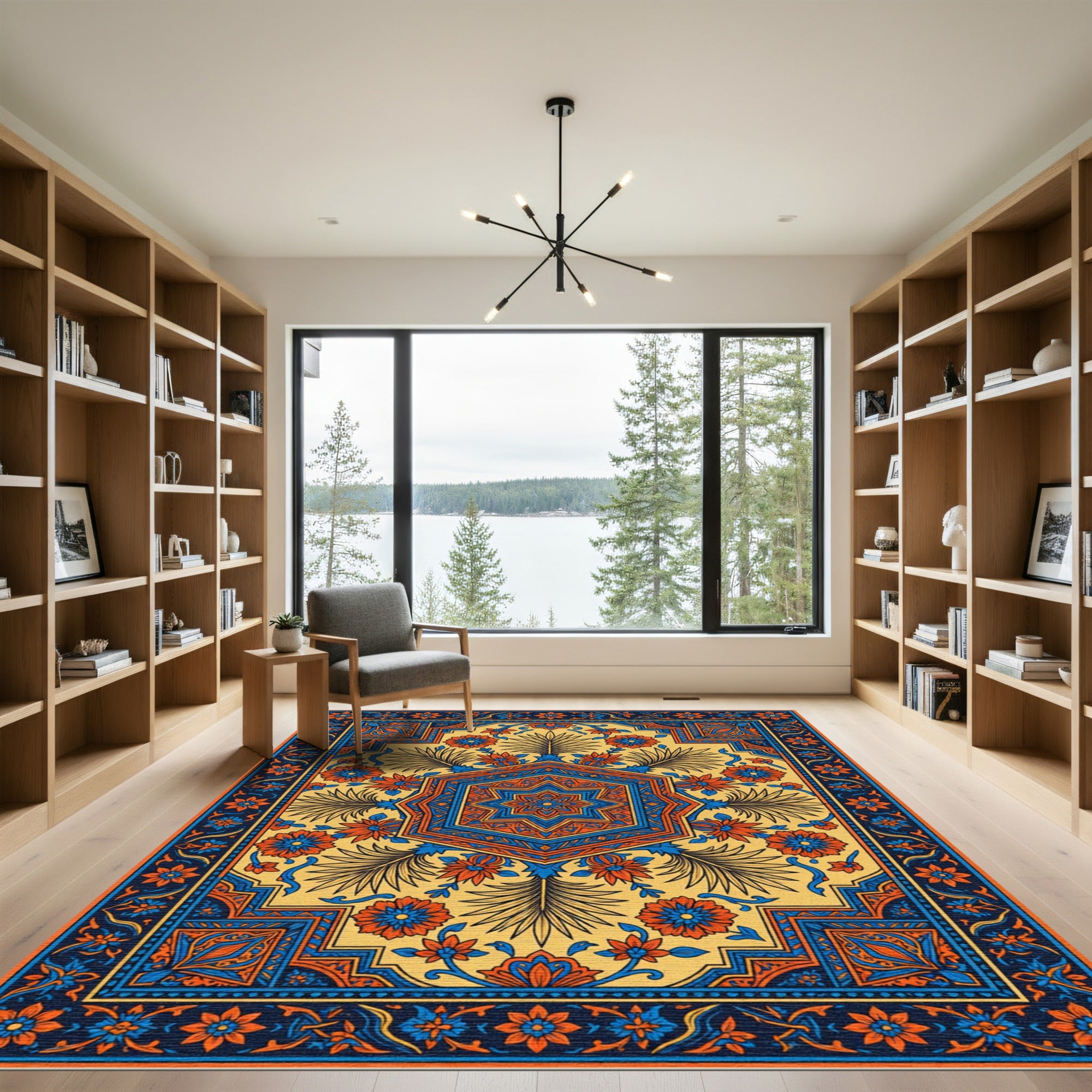 Vibrant Blue and Orange Floral Hexagon Rug