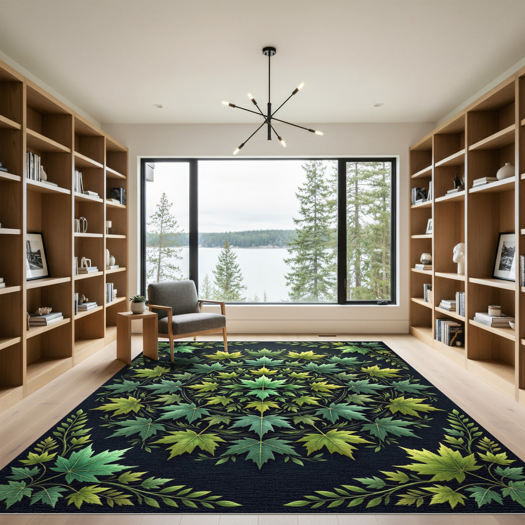 Earthy Green Maple Leaf Mandala Rug