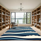 Modern Nautical Navy Blue Wave Illustration Rug