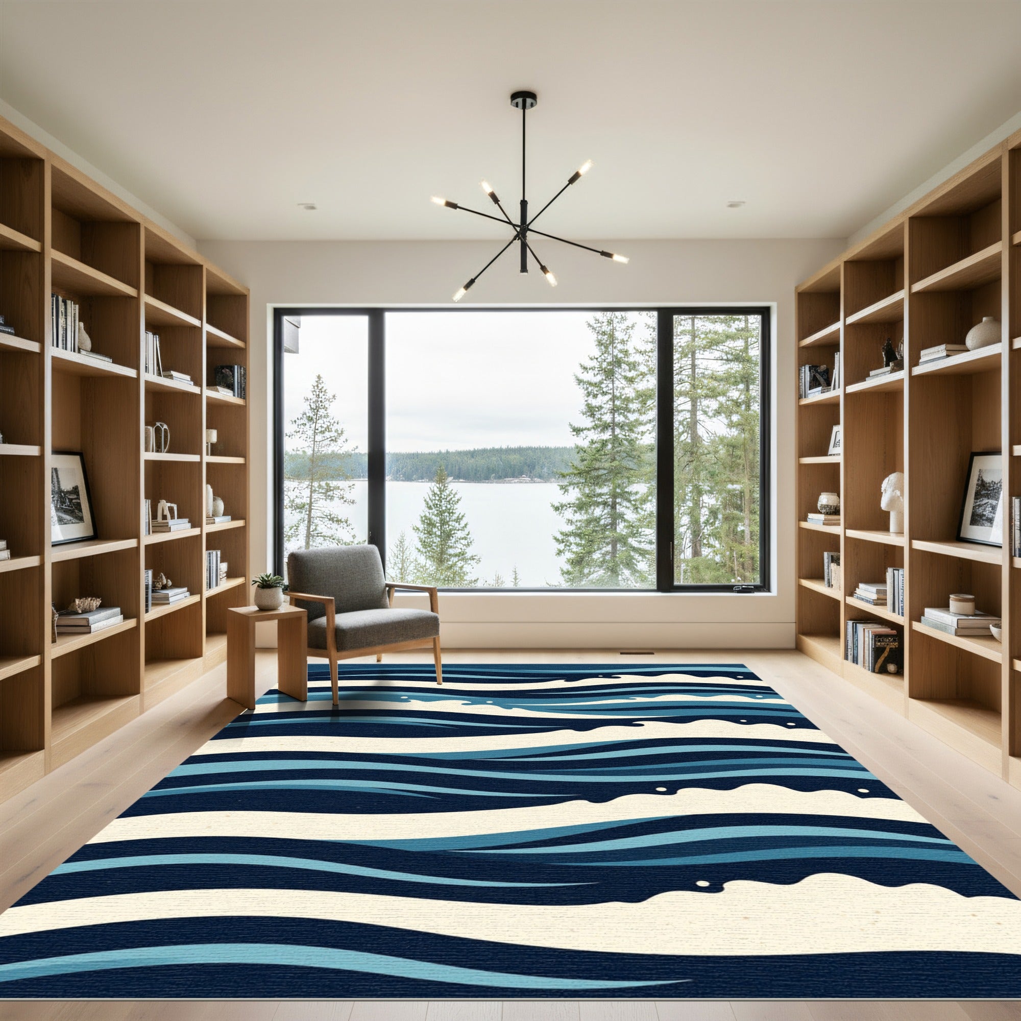 Modern Nautical Navy Blue Wave Illustration Rug