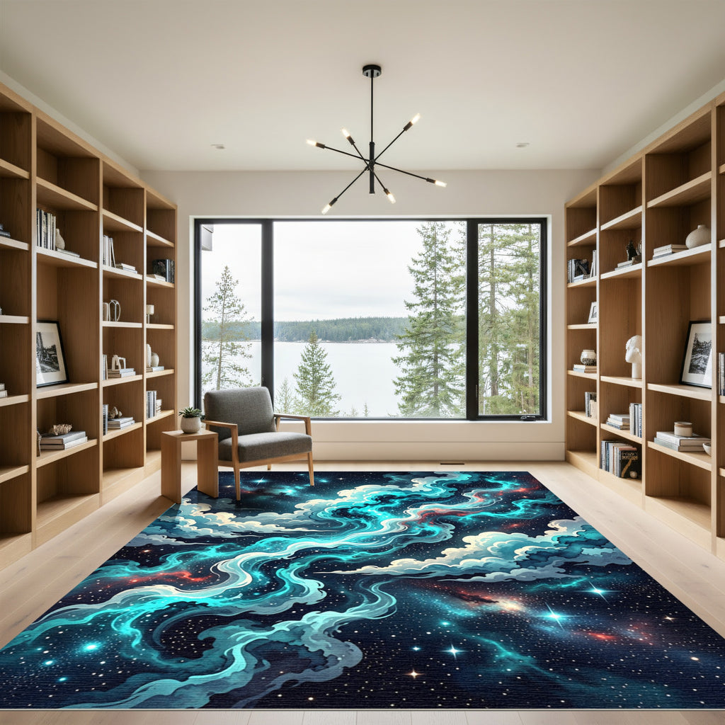 Celestial Teal Nebula Cosmic Swirl Rug