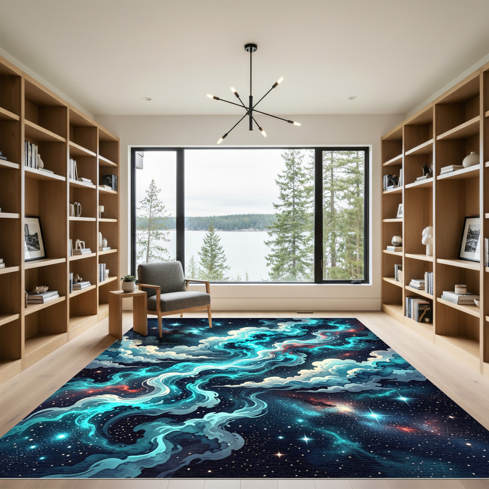 Celestial Teal Nebula Cosmic Swirl Rug