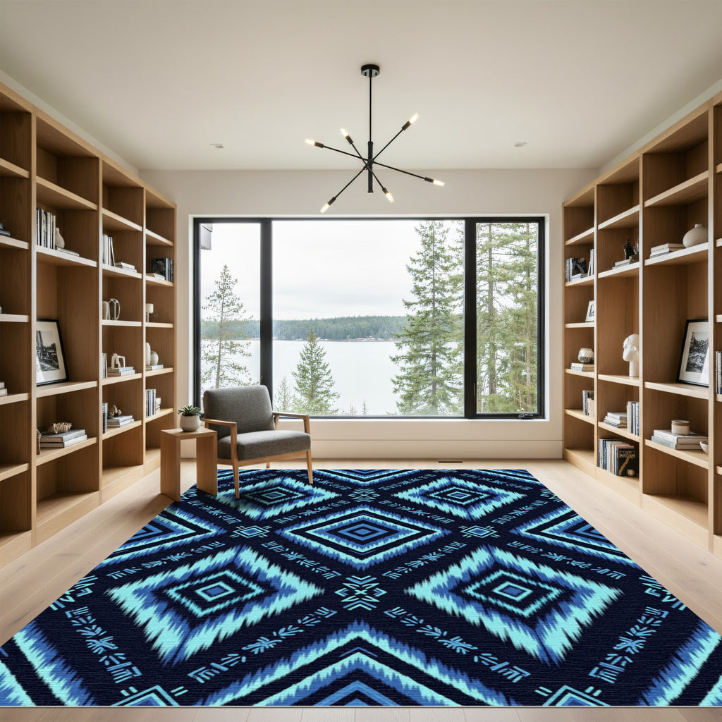 Teal Blue Geometric Diamond Tapestry Rug