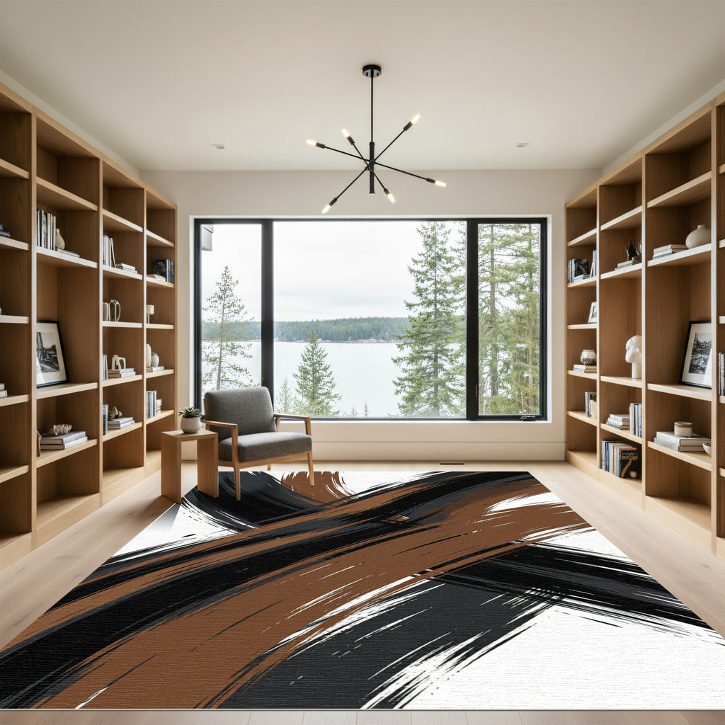 Earthy Brown and Black Abstract Swirl Rug