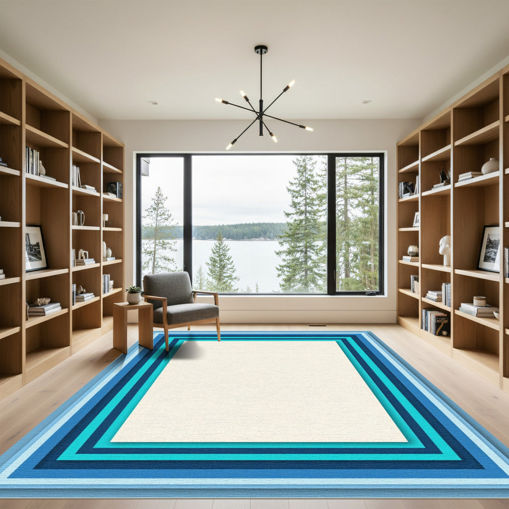 Layered Blue And Cream Geometric Rug