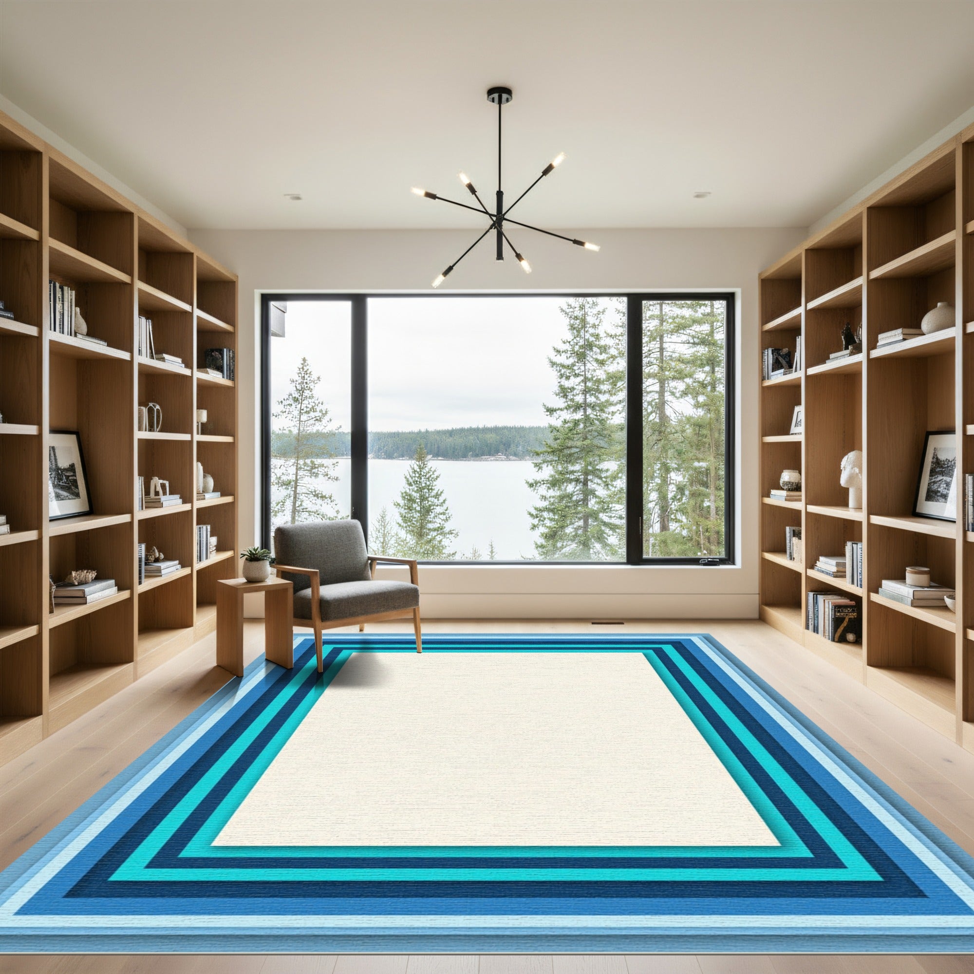 Layered Blue And Cream Geometric Rug