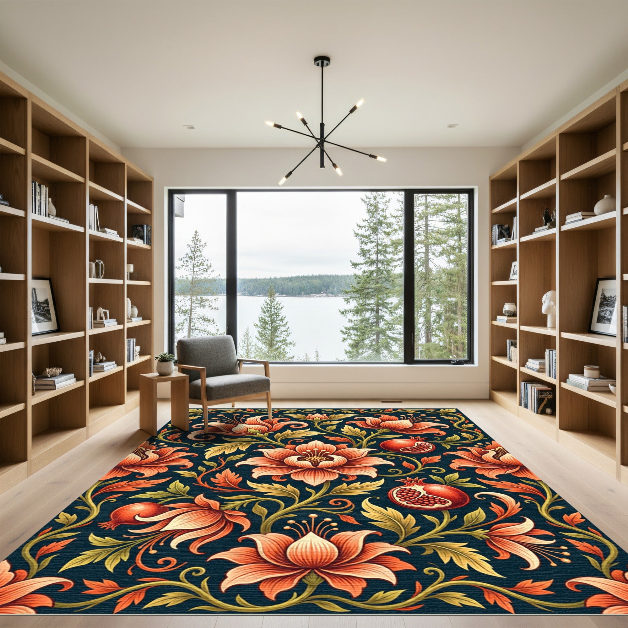 Elegant Crimson Lotus and Pomegranate Art Rug