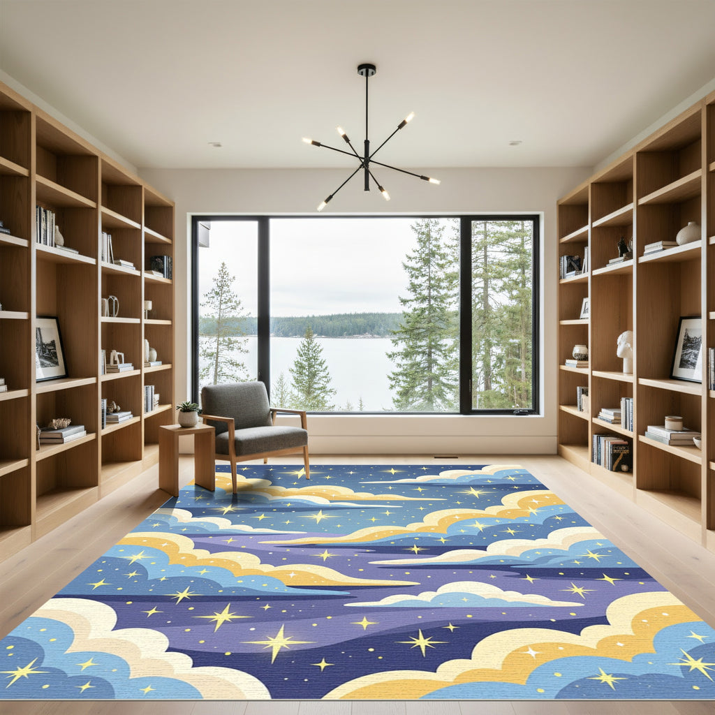 Golden Starry Night Sky Clouds Rug