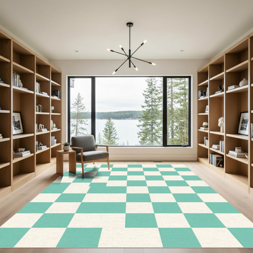 Teal and Cream Checkered Squares Rug