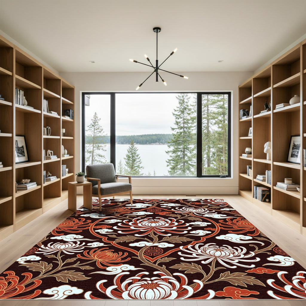 Red White Chrysanthemum Floral Clouds Rug