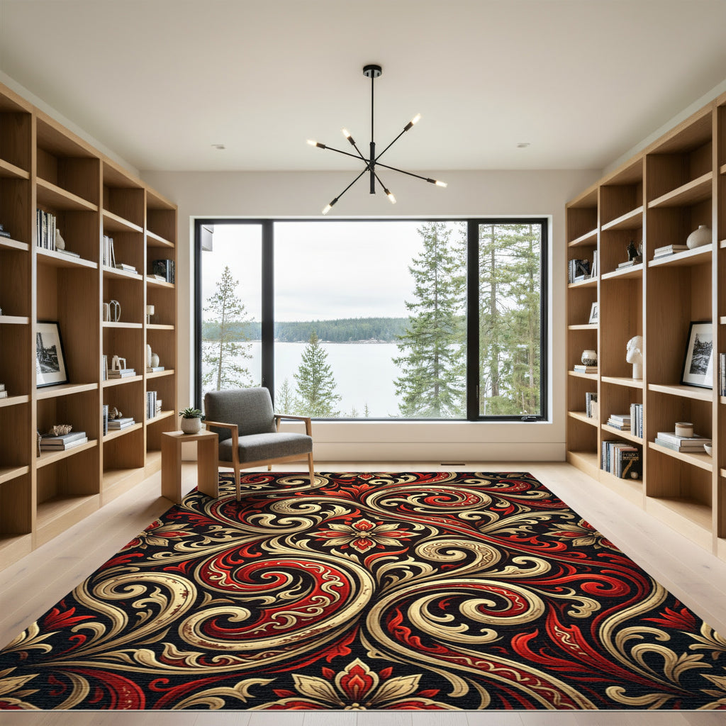 Elegant Crimson and Gold Floral Swirl Rug