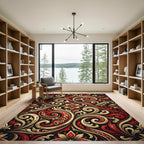 Elegant Crimson and Gold Floral Swirl Rug