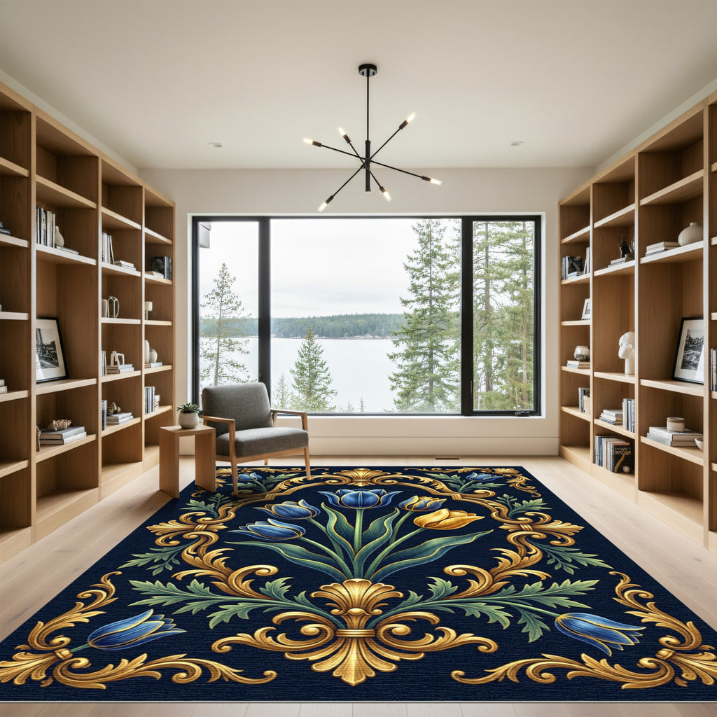 Ornate Gold and Blue Tulip Filigree Rug