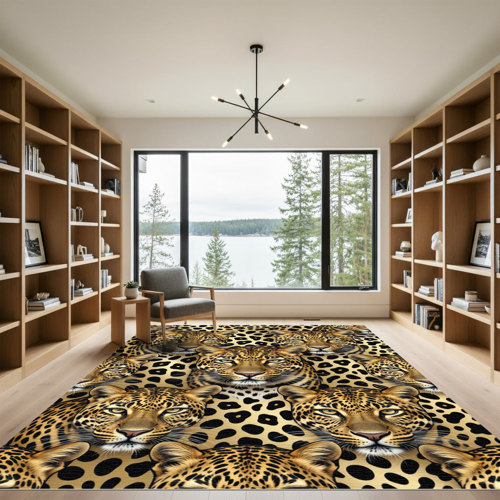 Majestic Golden Leopard Face Repeating Spots Rug