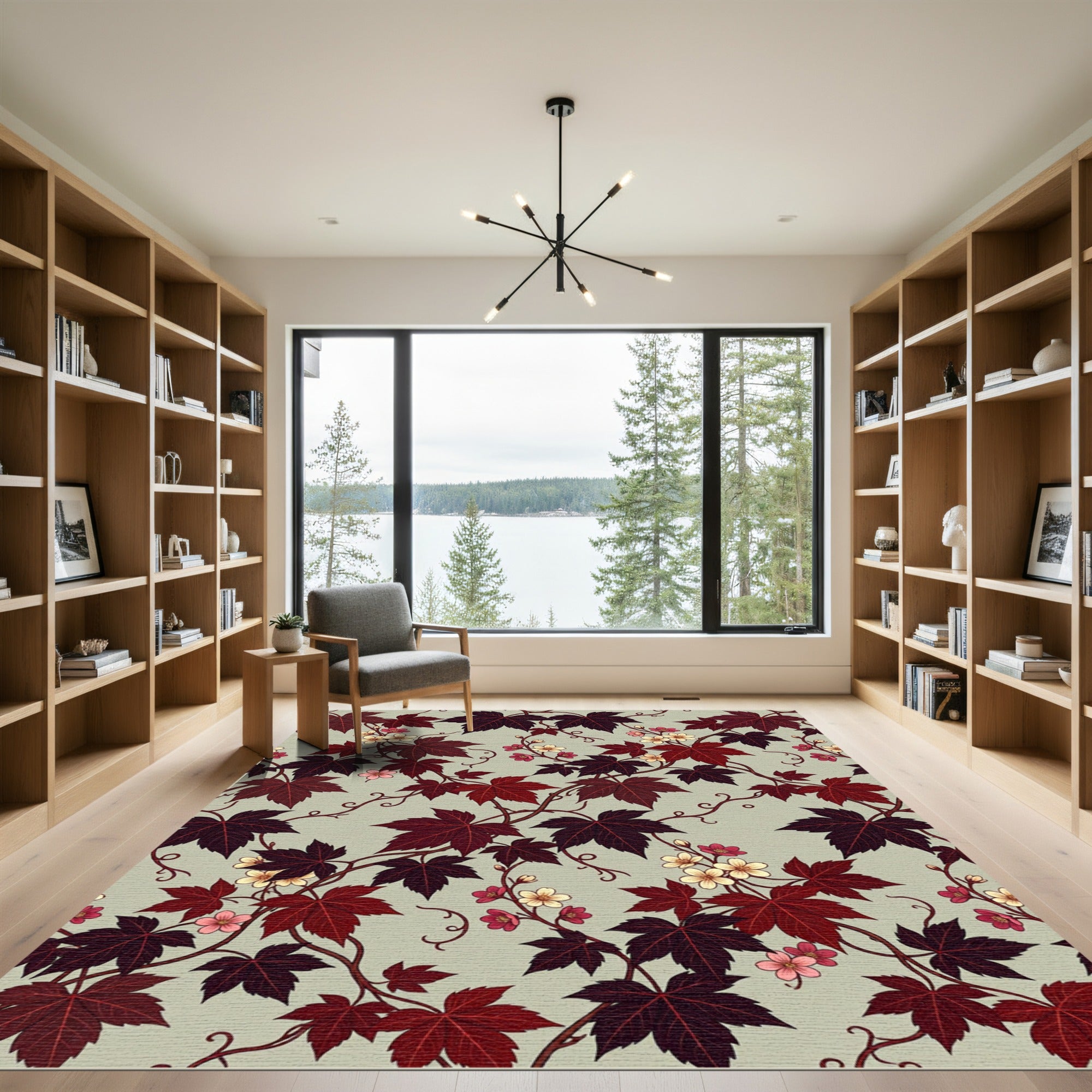 Dark Crimson Maple Leaf Floral Vine Rug