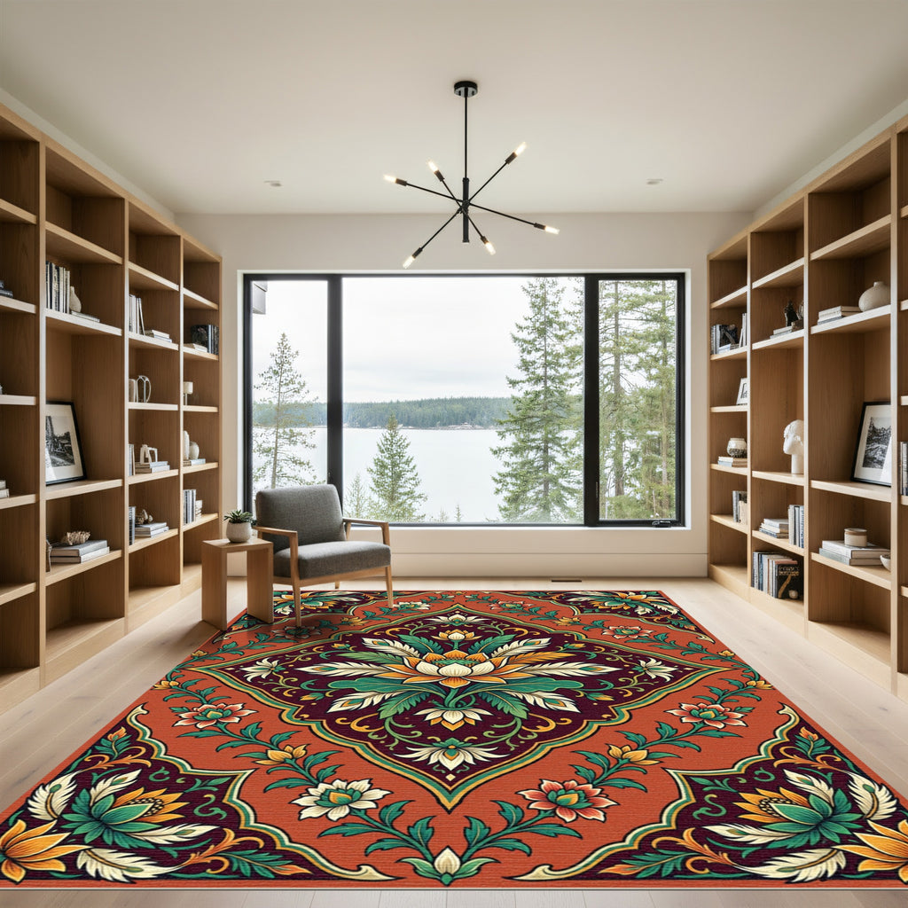 Terracotta Floral Lotus Medallion Rug