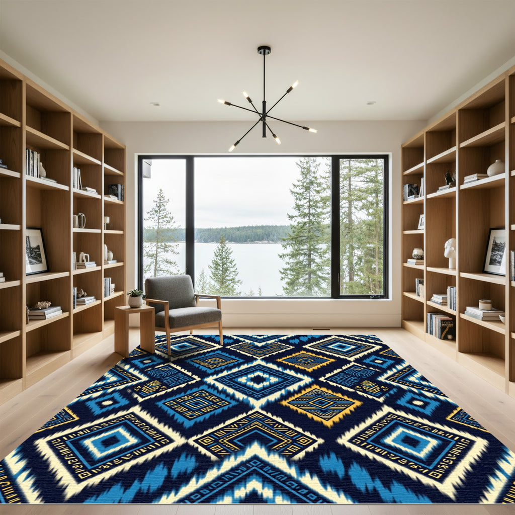 Blue and Gold Geometric Tribal Diamond Rug