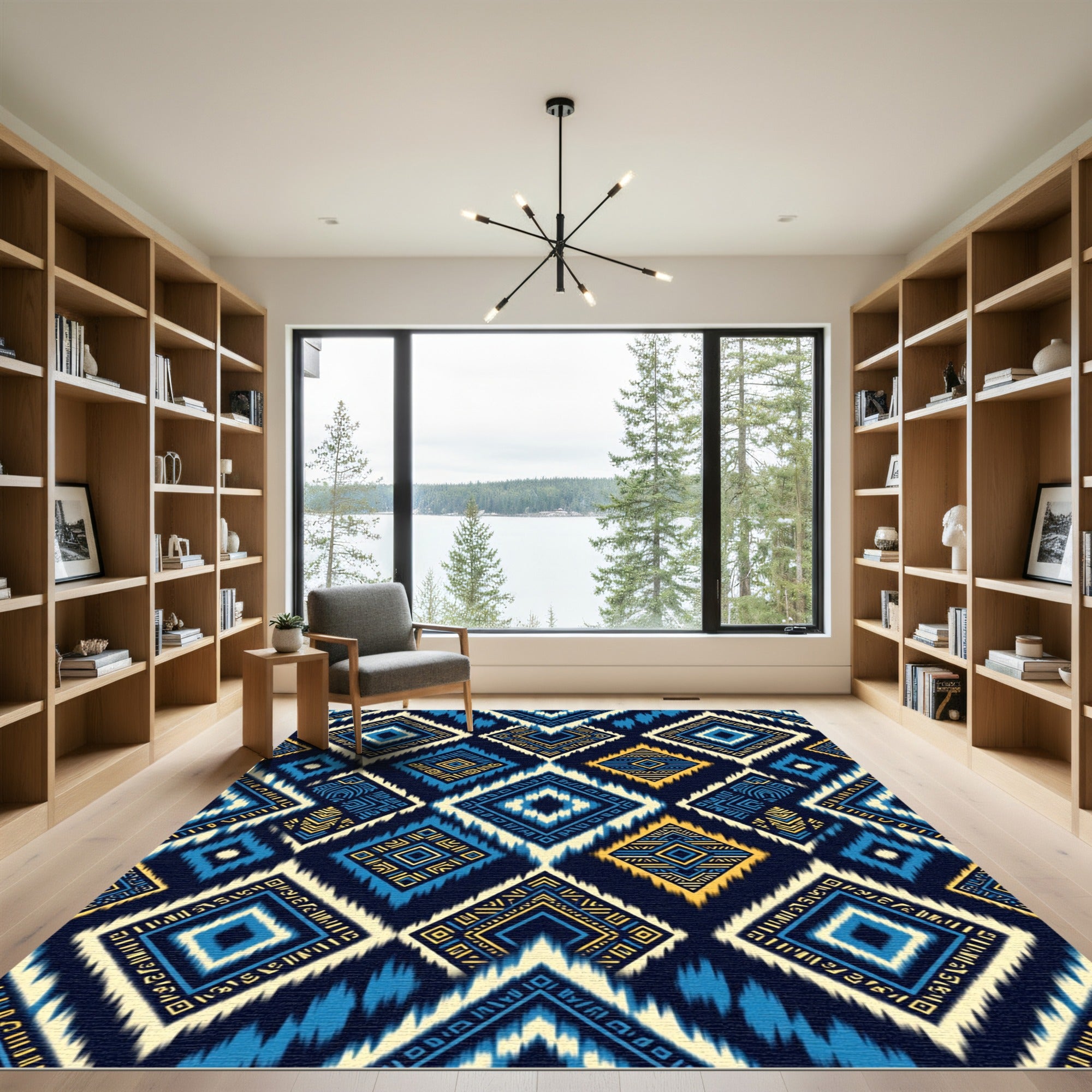 Blue and Gold Geometric Tribal Diamond Rug