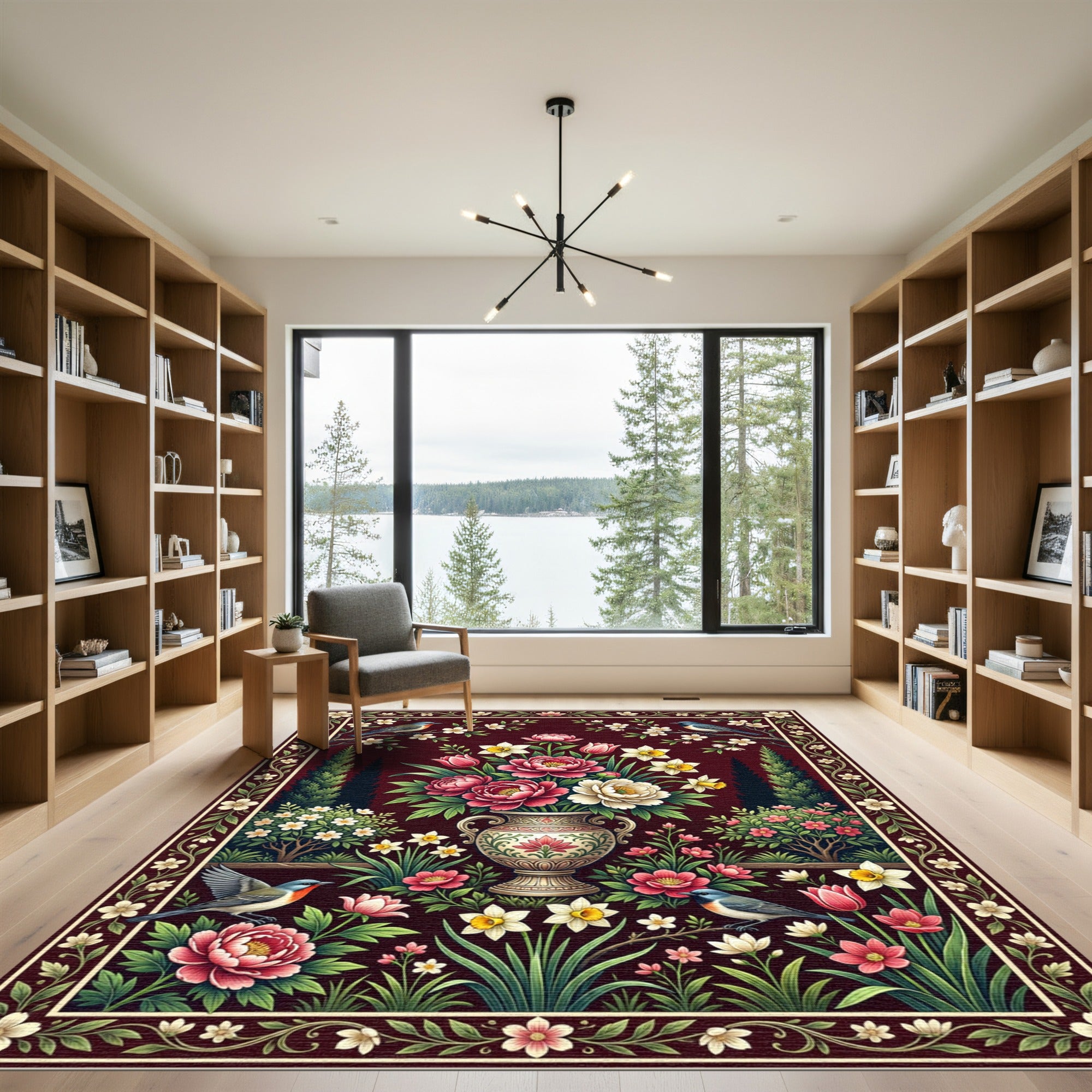 Crimson Peony Floral Garden Bird Art Rug