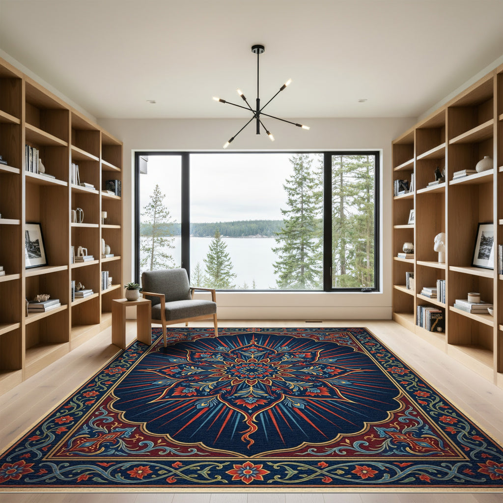 Ornate Blue Red Floral Radiating Medallion Rug