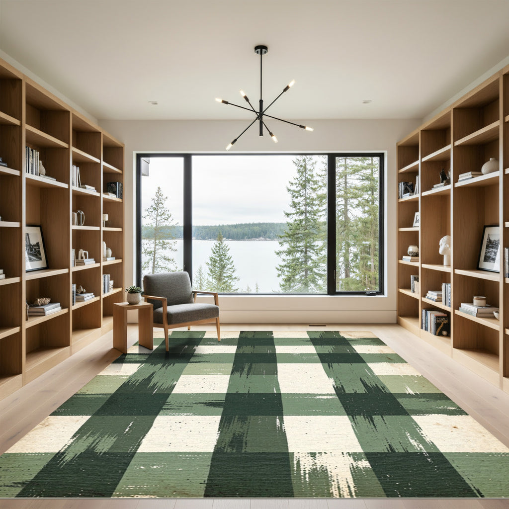 Rustic Distressed Forest Green Plaid Rug