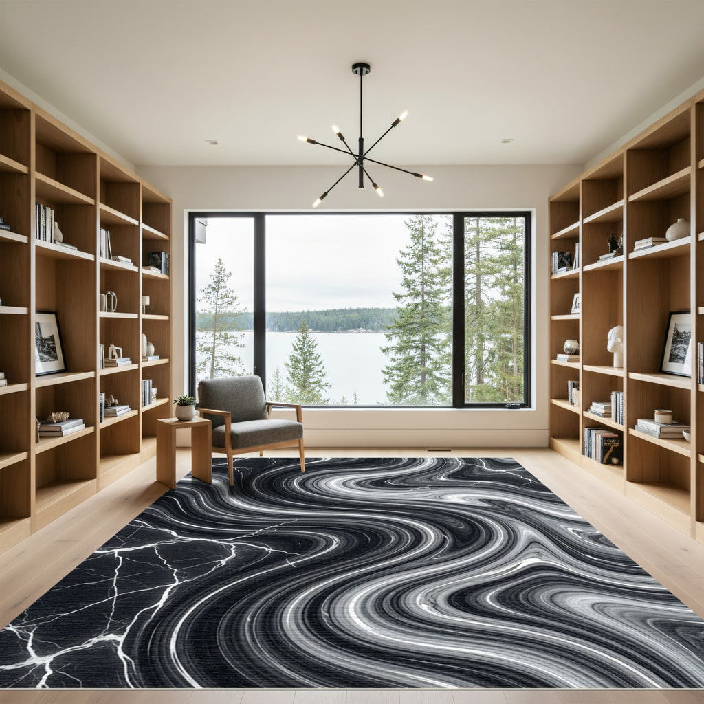 Monochromatic Black White Marble Waves Rug