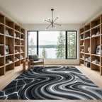 Monochromatic Black White Marble Waves Rug