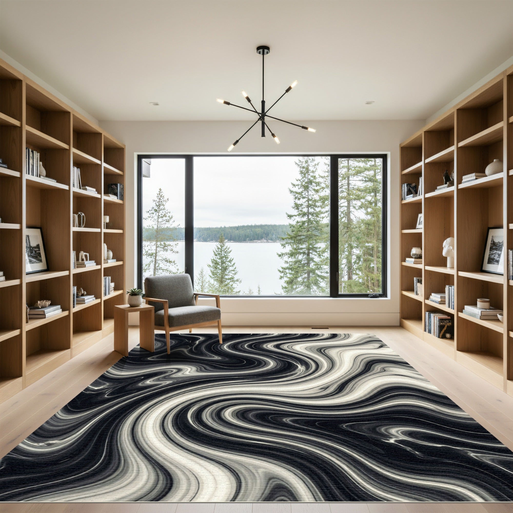 Monochromatic Swirl Abstract Black White Rug