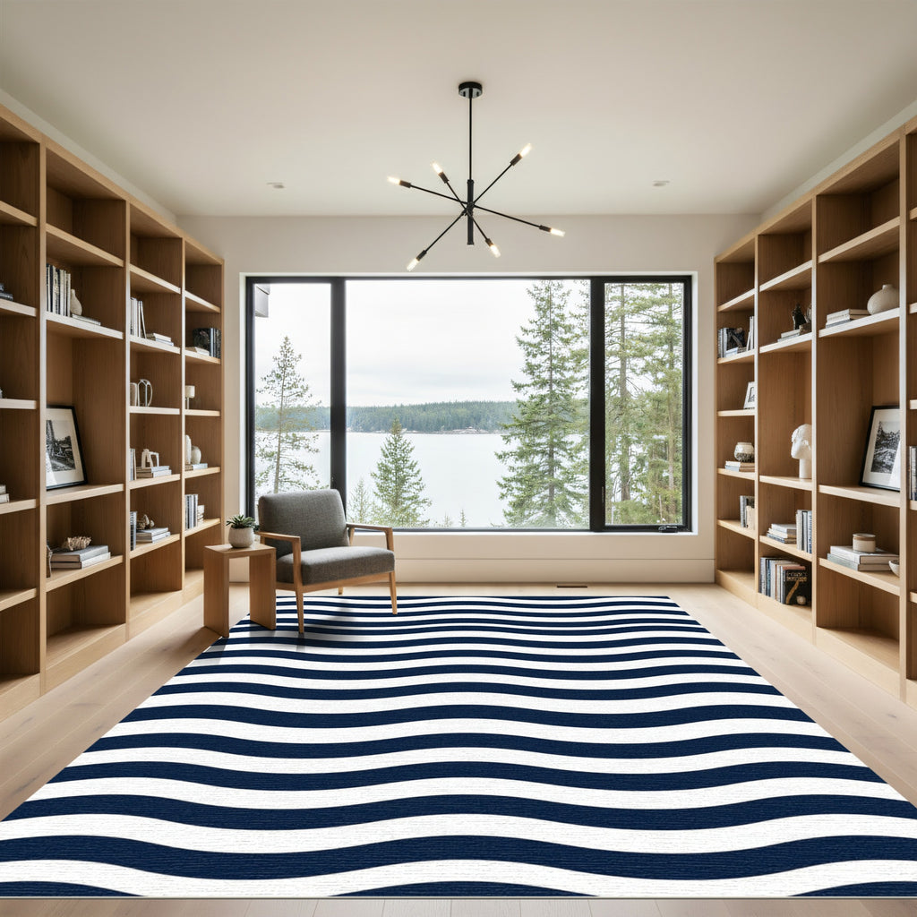 Navy Blue and White Wavy Stripe Rug