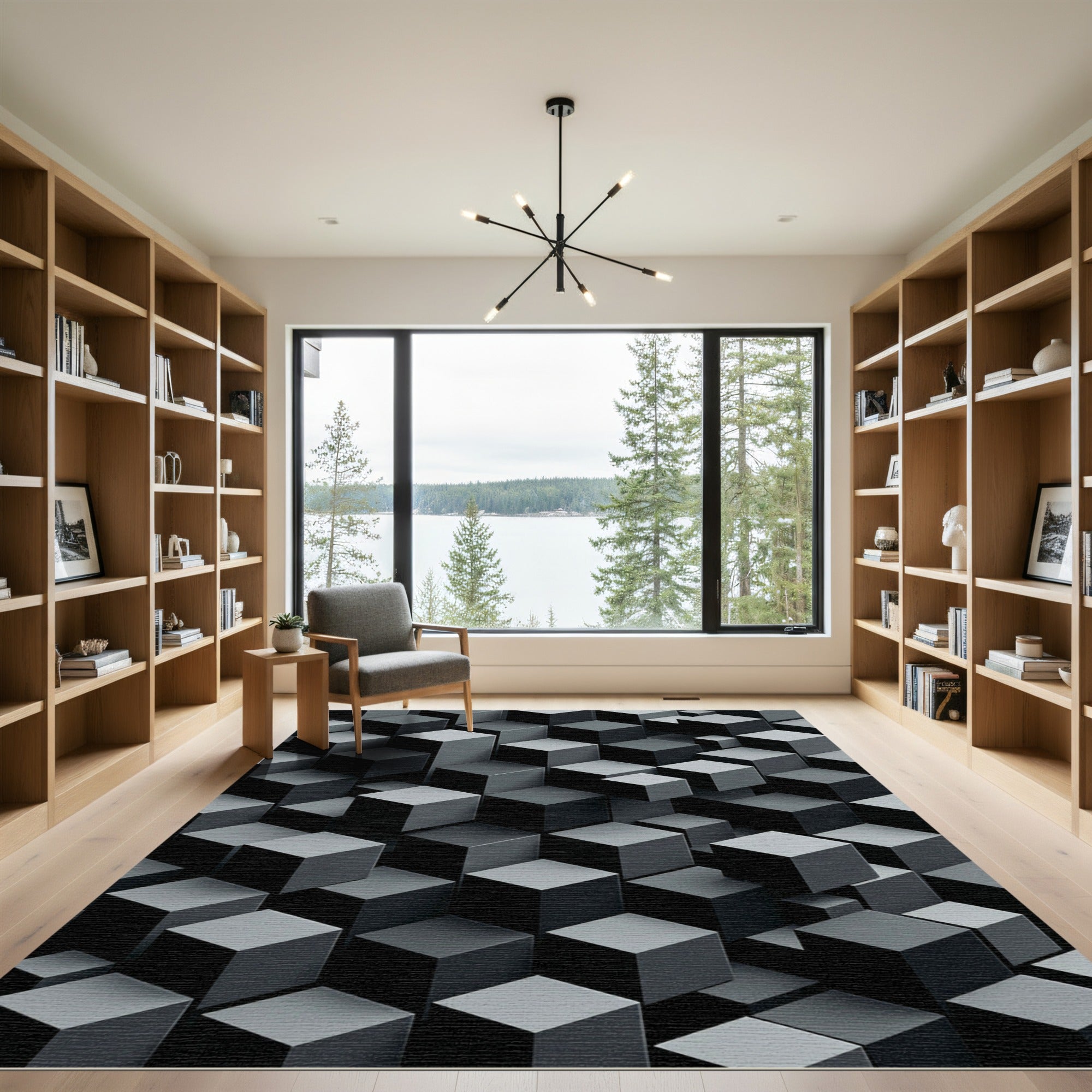 Modern Isometric Charcoal Geometric Cube Rug