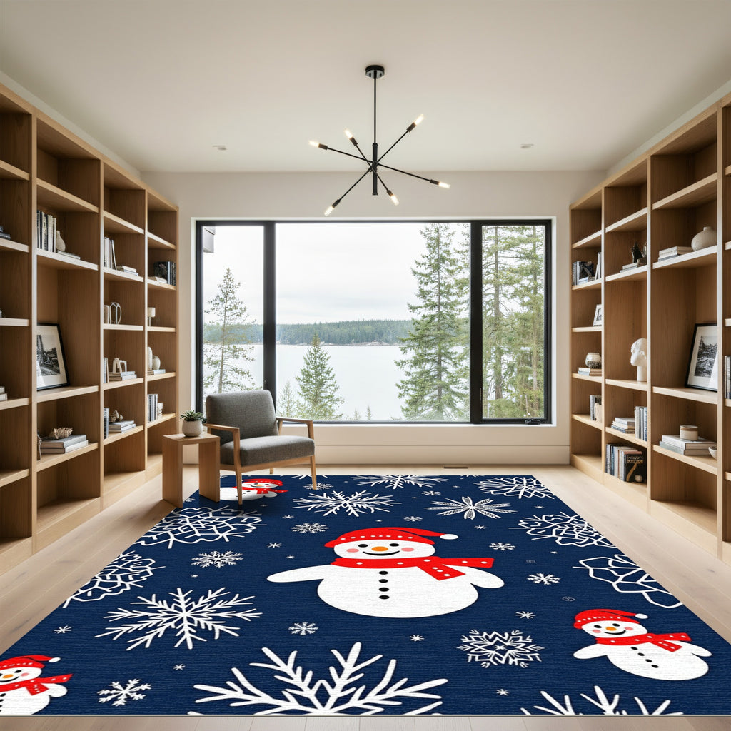 Festive Snowman And Snowflakes Scene Rug