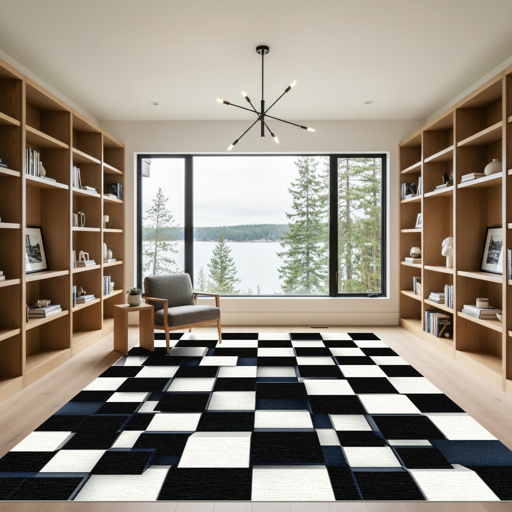 Modern Monochrome Geometric Three Dimensional Cube Rug