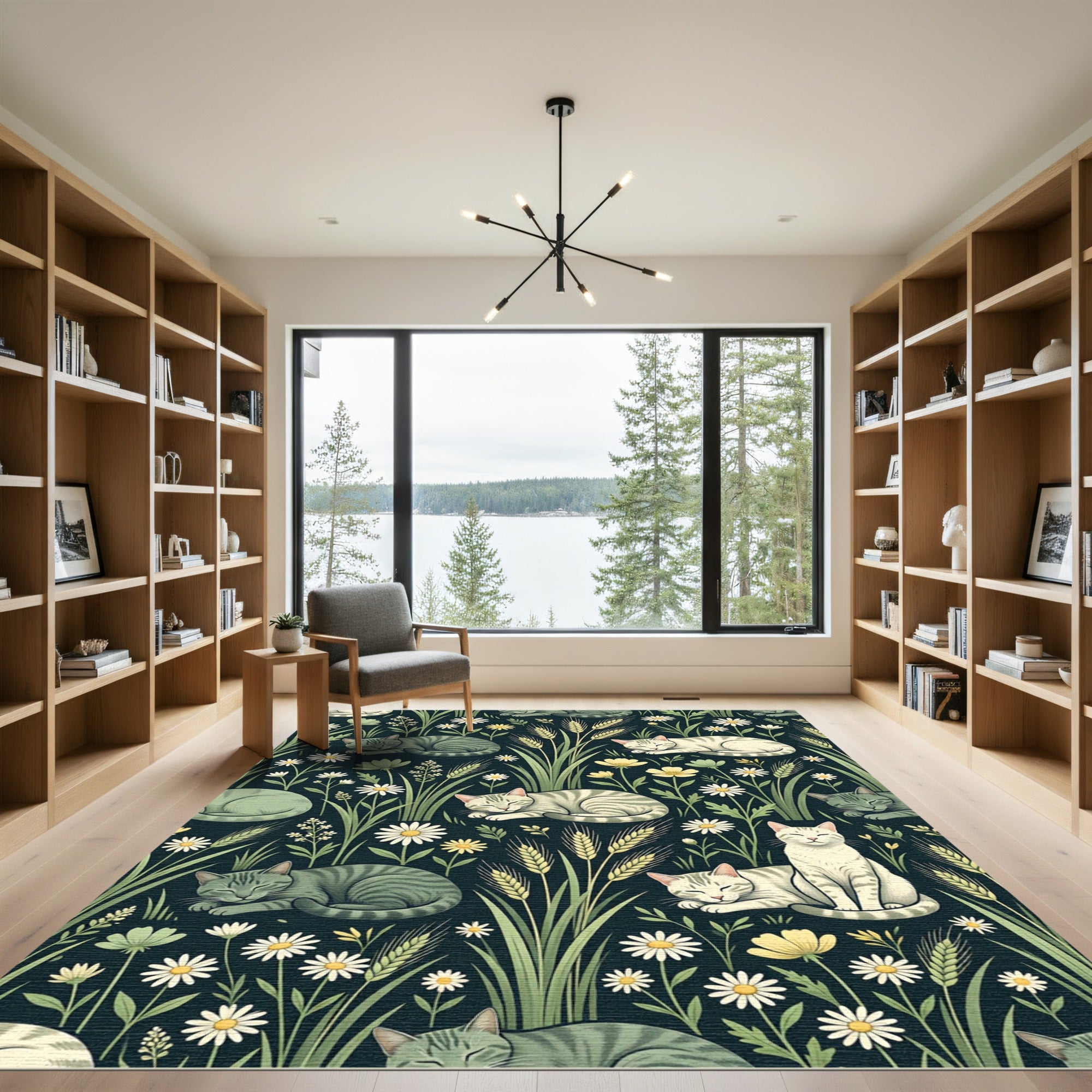 Green Tabby Cats Amidst Wildflowers Rug