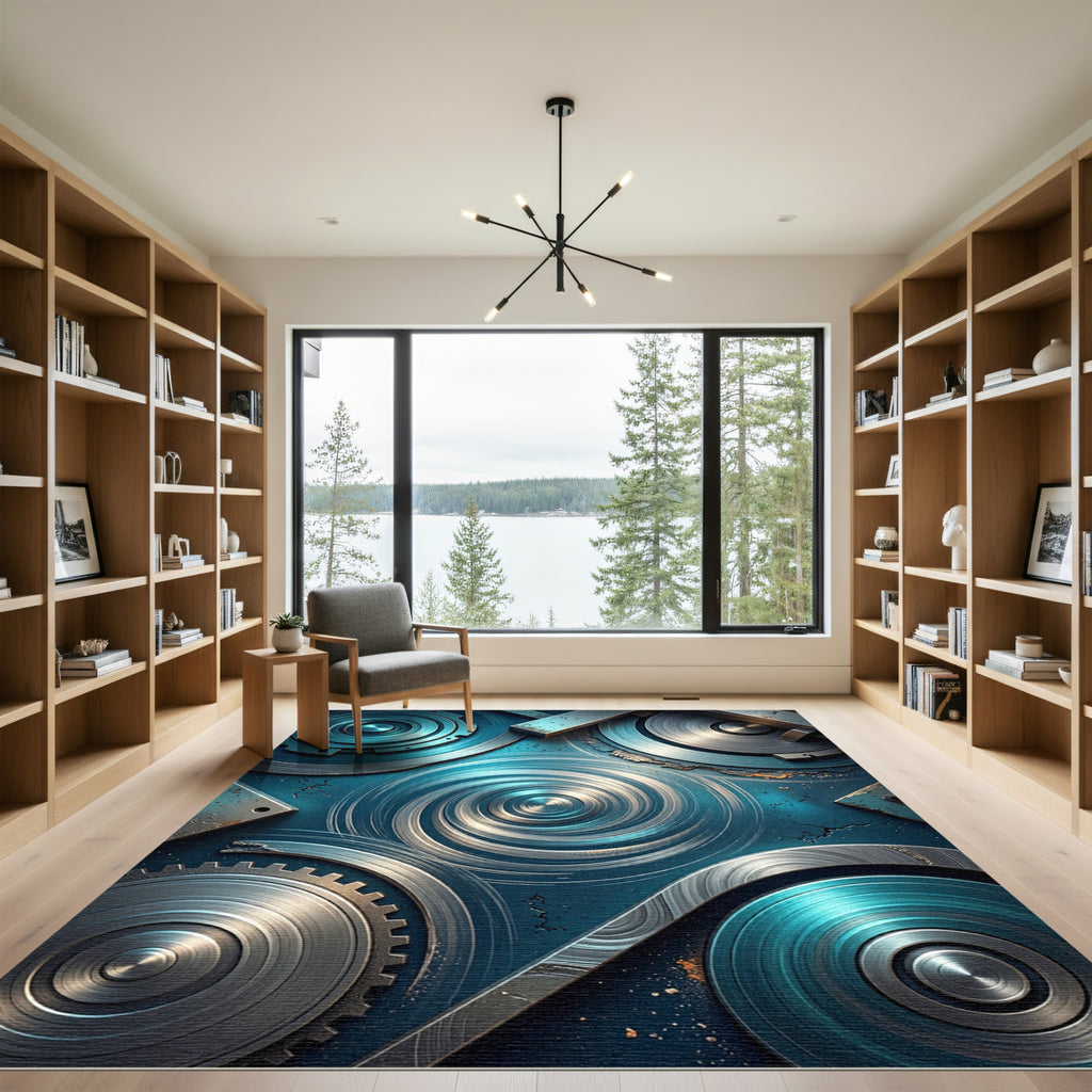 Industrial Teal Metal Swirl Gears Rug
