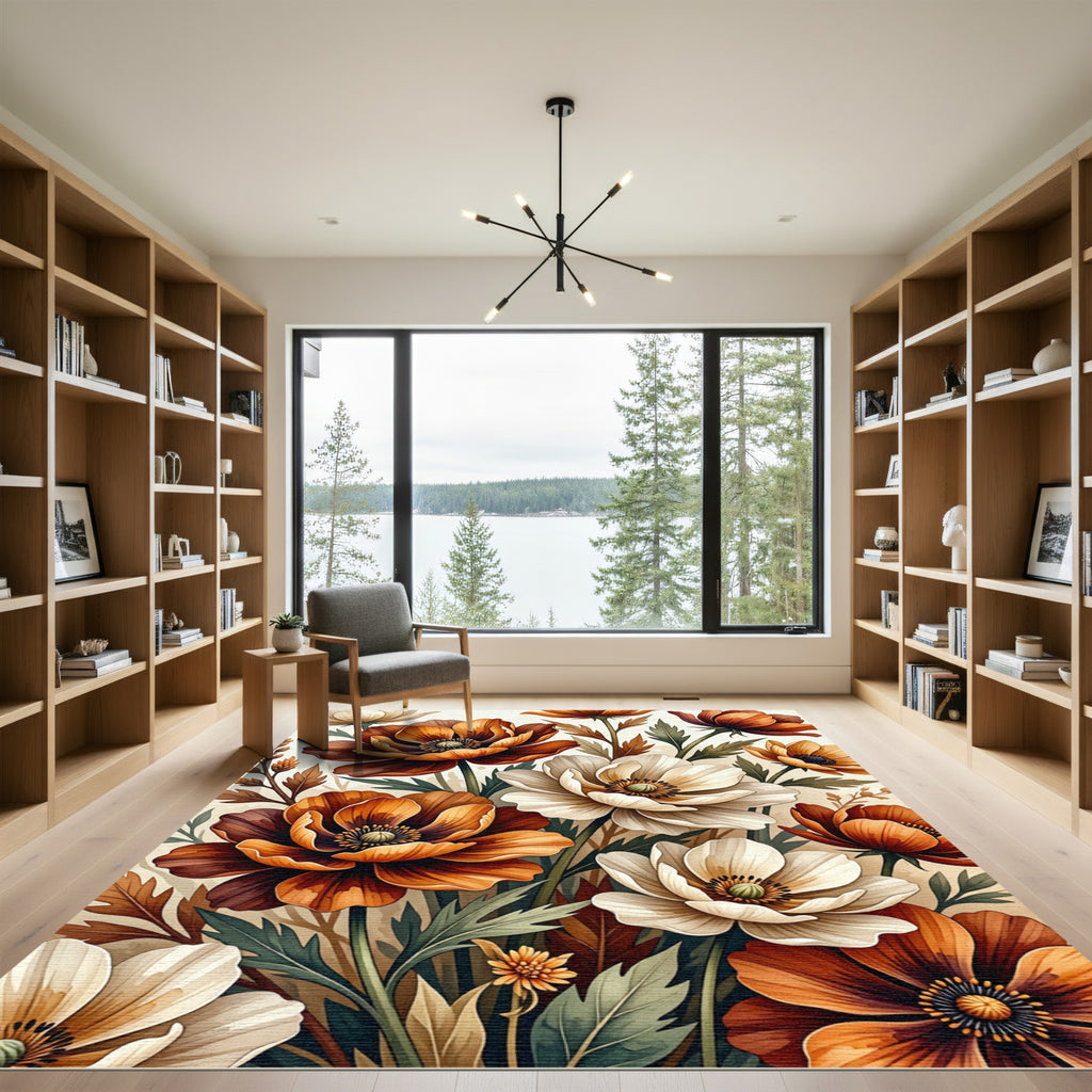 Autumn Botanical Poppy Floral Illustration Rug
