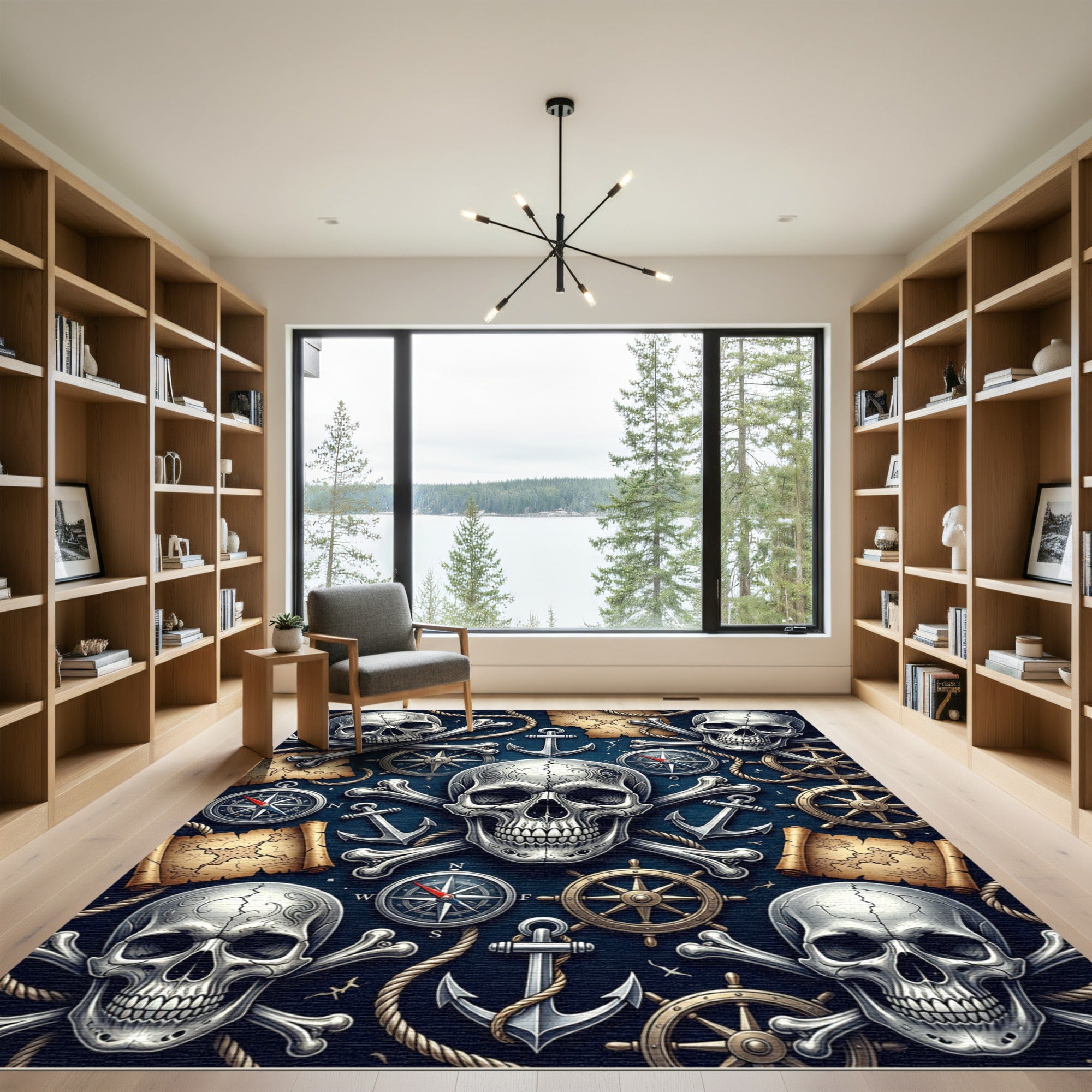 Gothic Nautical Skull and Compass Navy Rug