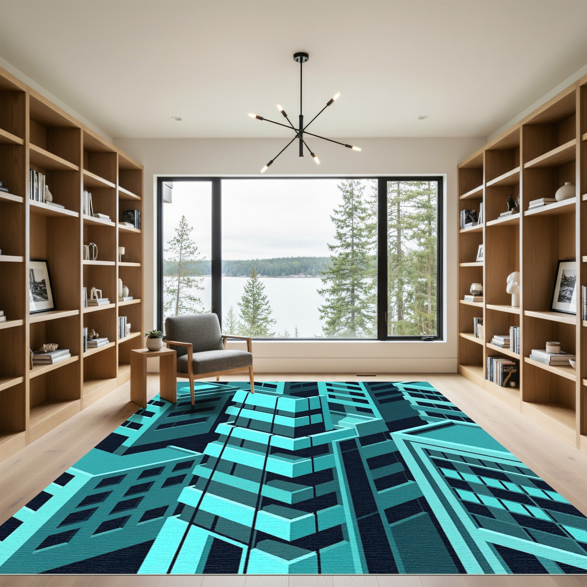 Modern Teal Isometric Urban Skyline Rug